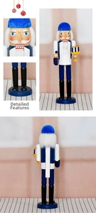 Detailed views of a 36cm blue Hanukkah nutcracker soldier holding a golden menorah