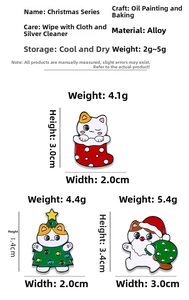 Size chart showing cartoon Christmas cat enamel pins with dimensions and weight specs