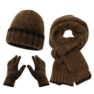 Winter men's 3-piece set with knitted hat, scarf, and touch-screen gloves in coffee brown