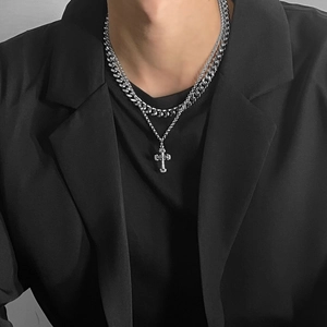 Double-layered stainless steel cross necklace with cuban and link chains for unisex styling