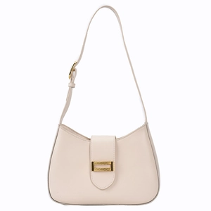 Minimalist cream white baguette bag with gold buckle and adjustable shoulder strap