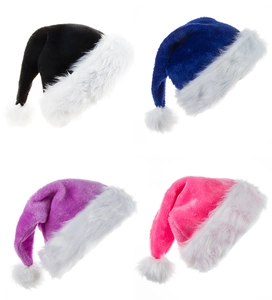 Detail of colorful plush Christmas hats in black, blue, purple, and pink with fur trim
