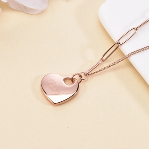Heart Pendant Necklace Titanium Steel Rose Gold Love Engraved Asymmetric Paperclip Fine Chain Fashion Jewelry For Women