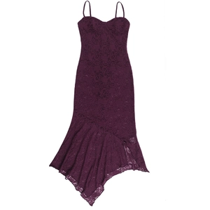 Detailed view of dark purple lace evening gown with irregular fishtail hem and side slit