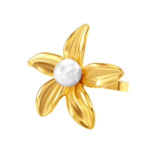 Elegant 18k gold flower ring with a white pearl center on a clean white background