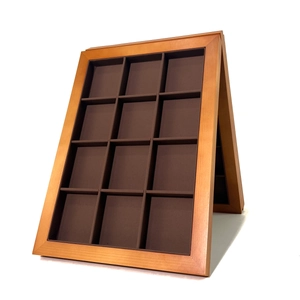 Vertical walnut wood jewelry display tray with 12 slots and brown velvet lining
