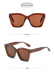 Detail view of stylish brown oversized square sunglasses showing front and side profile