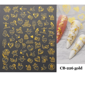 Detail of CB-226 gold 3D nail stickers featuring hearts and romantic couple designs