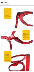 Detail of reinforced metal hinges and red glitter cat-eye glasses frame structure