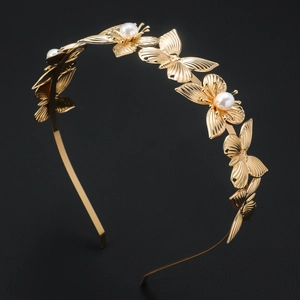 Golden Baroque metal headband with elegant butterflies and white pearls for weddings