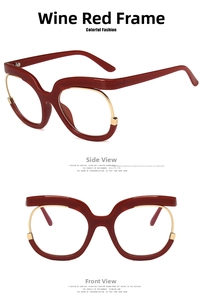 Dettaglio macro di occhiali cat-eye bordeaux con metallo dorato e montatura spessa