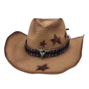 Ethnic western cowboy straw hat with star pattern and metal bull head ornament