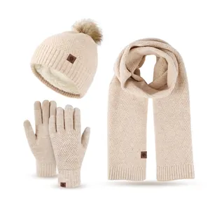 Winter knit set with beige fleece-lined beanie, long scarf and gloves for women