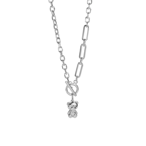 Silver teddy bear pendant necklace with toggle clasp and paperclip chain style