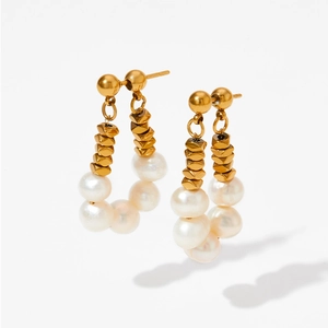 Elegant gold-plated stainless steel earrings with natural freshwater pearl dangles
