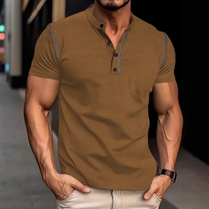Men Vintage Henley Shirt Waffle Knit Short Sleeve Breathable Casual Business Polo Top Contrast Trim