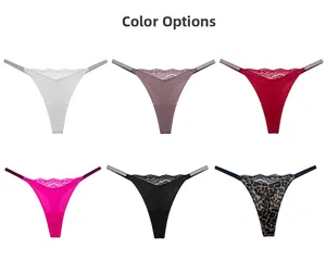 Selection of six sexy lace trim thongs in various solid colors and leopard print