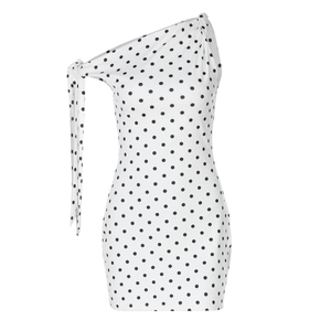 Polka dot one-shoulder mini dress with shoulder tie knot and slim fit silhouette