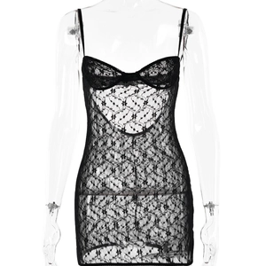 Slim fit black lace slip dress featuring floral mesh texture and delicate straps
