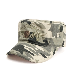 Detail view of woodland camouflage cadet cap featuring U.S. NAVAL embroidery and army shield