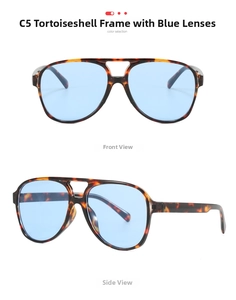 Close-up of retro aviator sunglasses with tortoise frame and light blue ocean lenses