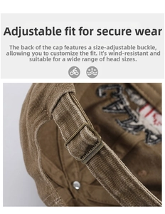 Detail of brown corduroy baseball cap showing the adjustable metal strap buckle