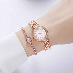 Elegant rose gold watch with sparkling rhinestones and matching heart bracelet set