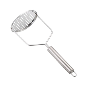 Stainless steel potato masher with ergonomic handle and round mashing plate on white background