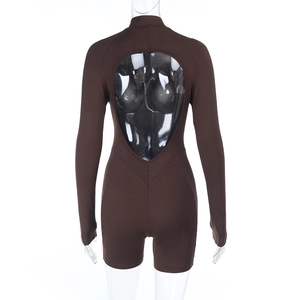 Detailed back view of a dark brown long-sleeve bodysuit featuring a large cutout design