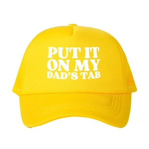 Classic bright yellow trucker hat with Put It On My Dad's Tab print and mesh back