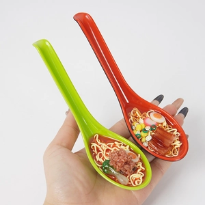 Realistic artificial beef noodle soup model in long handle spoons for fun food play