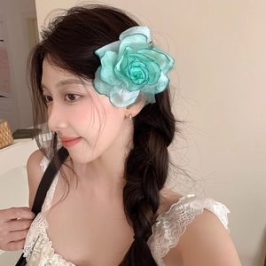Elegant gradient turquoise organza rose hair clip for a romantic seaside vacation look