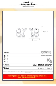 Dettaglio macro degli orecchini a lobo elefante in argento S925, misure 8,4 mm per 7,2 mm