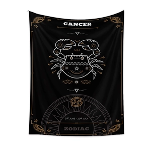Detailed view of Cancer zodiac tapestry with golden geometric lines on black background