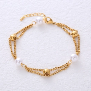 Elegant 18K gold plated double-layer bracelet with freshwater pearls and metallic beads