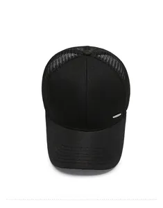 Top view of black mesh baseball cap showing breathable panels and metal logo detail