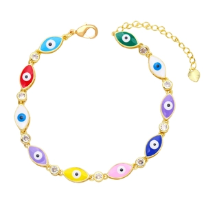 Bohemian gold evil eye bracelet with colorful enamel charms and zircon accents