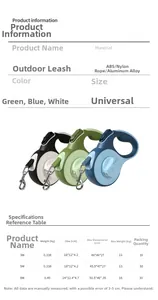 Detailed size chart for retractable dog leash showing 3M 5M and 8M cable specifications