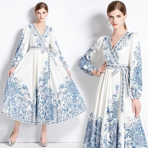 Elegant V Neck Long Sleeve Maxi Dress Polyester Paisley Floral Print Tie Waist Bohemian Vintage Style For Women