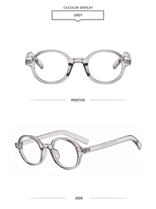 Front and side views of grey translucent round eyeglasses with anti-blue light lenses