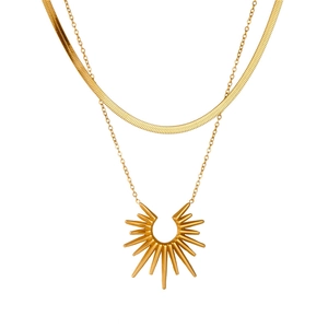 Vintage gold-plated double-layer stainless steel necklace featuring sunburst pendant