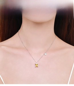 Detail of S925 silver Leo necklace with yellow square gemstone and zodiac charm