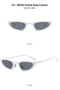 Front and side view of white cat eye sunglasses with gray lenses and metal accents