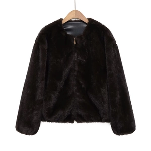 Women Fashion Faux Fur Bomber Jacket Cropped Casual Long Sleeve Round Neck Zipper Coat Outerwear Faux Leather Trim