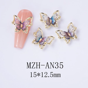 Macro detail of 3D aurora butterfly nail charms with gold alloy frame for luxury nail art