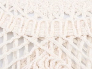 Close-up of white crochet fabric detail showing intricate hollow knit mesh and wavy edges