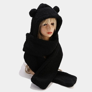 Close-up of black plush bear ear hooded scarf set showing soft faux fur texture