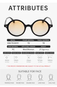 Detailed size chart for retro round sunglasses showing frame width and lens height