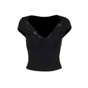 Slim fit black short sleeve top for women with lace trim v-neckline and elegant bodice