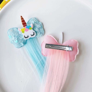 Kids sequin bow unicorn hair clips with long colorful wig extensions in pink and blue